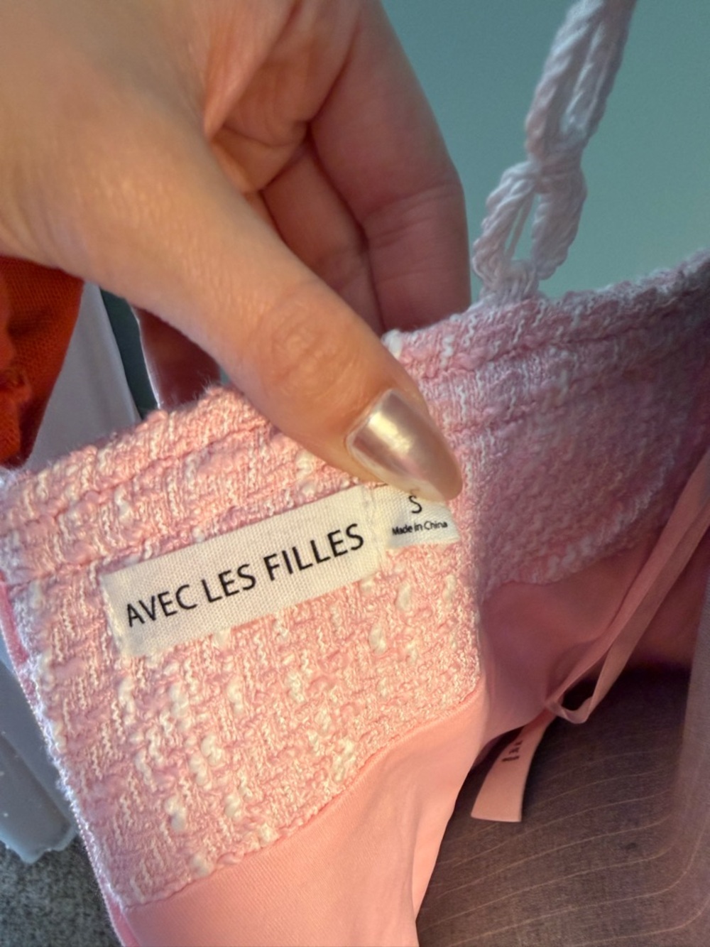 Avec Les Filles Pink Tweed Mini Dress with White Crochet Straps - Picture 4 of 4